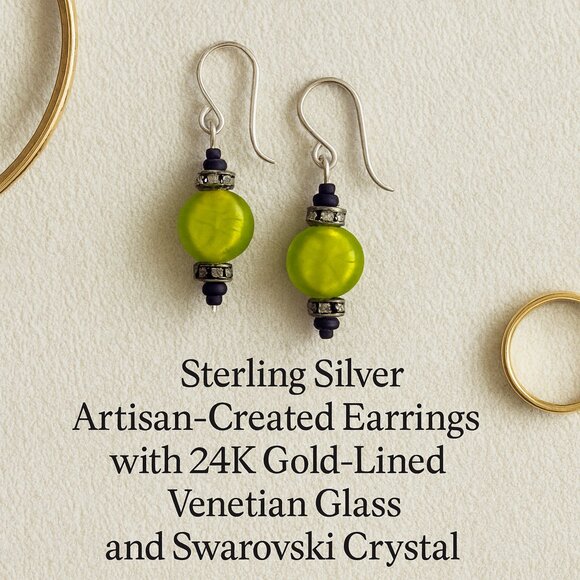 Artisan Jewelry - Artisan Sterling Silver Swarovski Crystal 24K Gold Lined Venetian Glass Earrings
